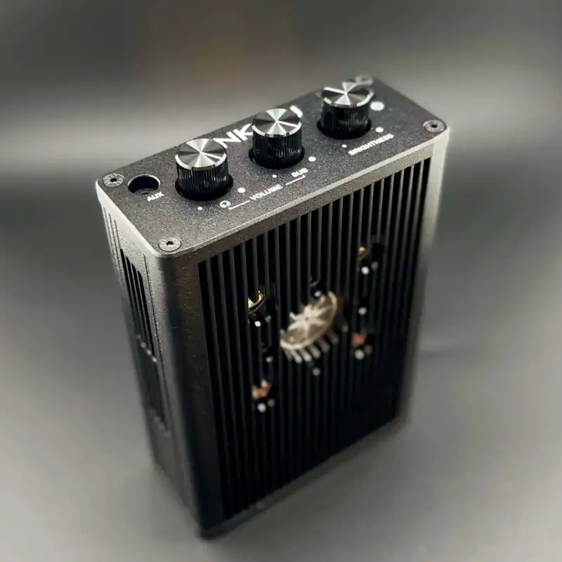 Compact audio amplifier with volume and tone controls, black metal design.